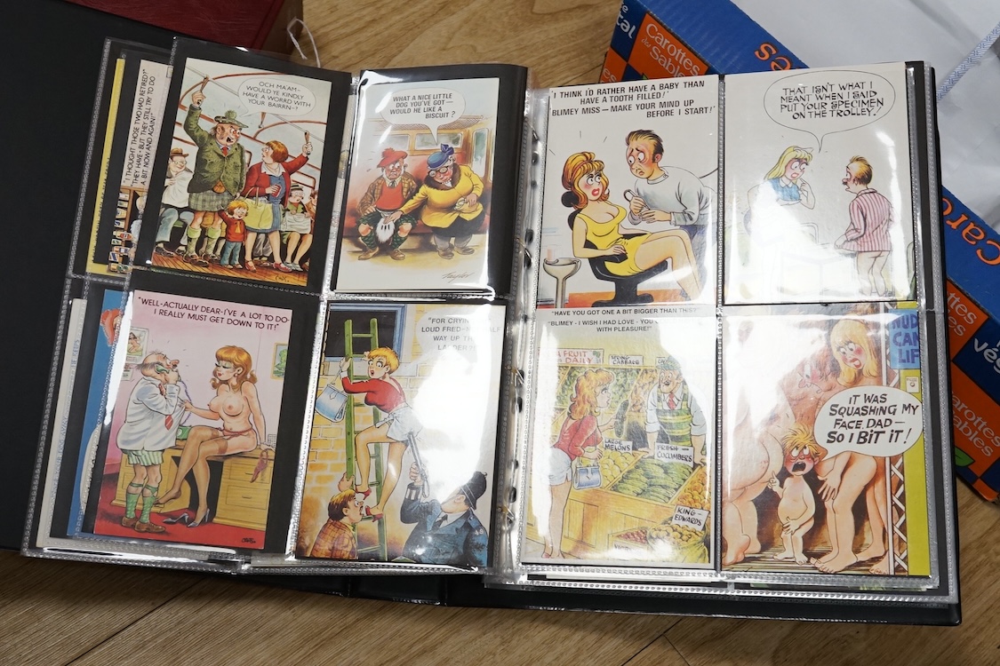 A collection of early 20th century postcards, photographs, etc. Including three albums of novelty postcards, scenes of London, etc. First World War postcards, etc. and an Edwardian photograph album, together with four bo